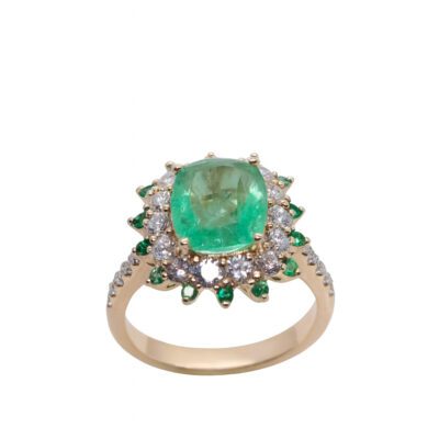 Złoty pierścionek z diamentami i szmaragdami