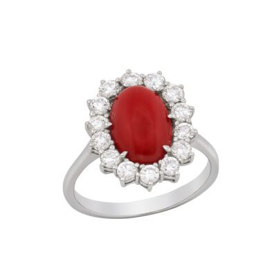 Złoty pierścionek z diamentami i koralem 3,70 ct