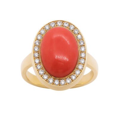 Złoty pierścionek z koralem i diamentami