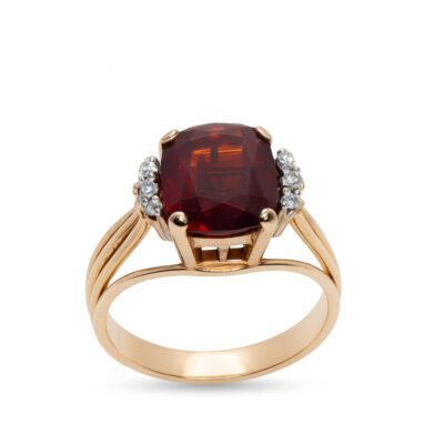 Złoty pierścionek z granatem i diamentami