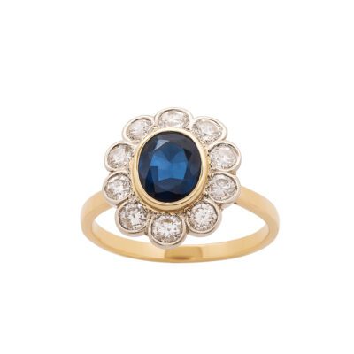 Złoty pierścionek z diamentami i szafirem 1,55 ct