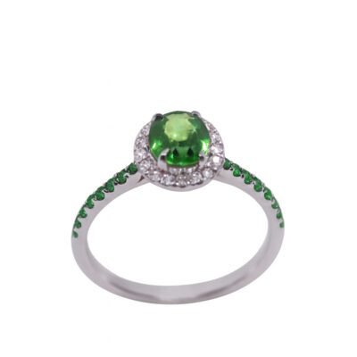 Złoty pierścionek z tsavorytami i diamentami