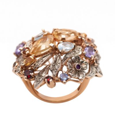 Złoty pierścionek z diamentami cytrynami i topazami