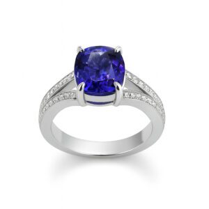 Złoty pierścionek z diamentami i szafirem 4,14 ct