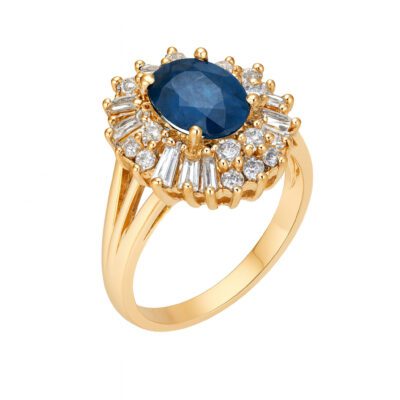 Złoty pierścionek z diamentami i szafirem 1,57 ct