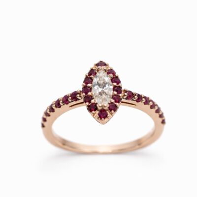 Złoty pierścionek z rubinami i diamentem 0,30 ct