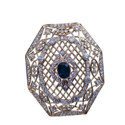 Złoty broszko-wisior z szafirem i diamentami