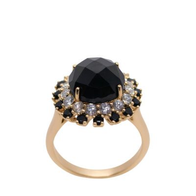 Złoty pierścionek z czarnymi turmalinami diamentami i onyksami