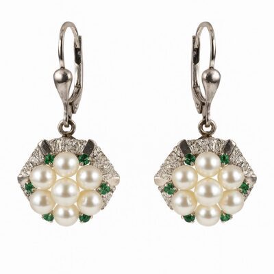 Złote kolczyki z perłami i szmaragdami