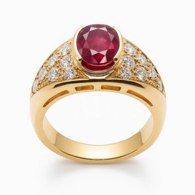 Złoty pierścionek z diamentami i rubinem 1,35 ct